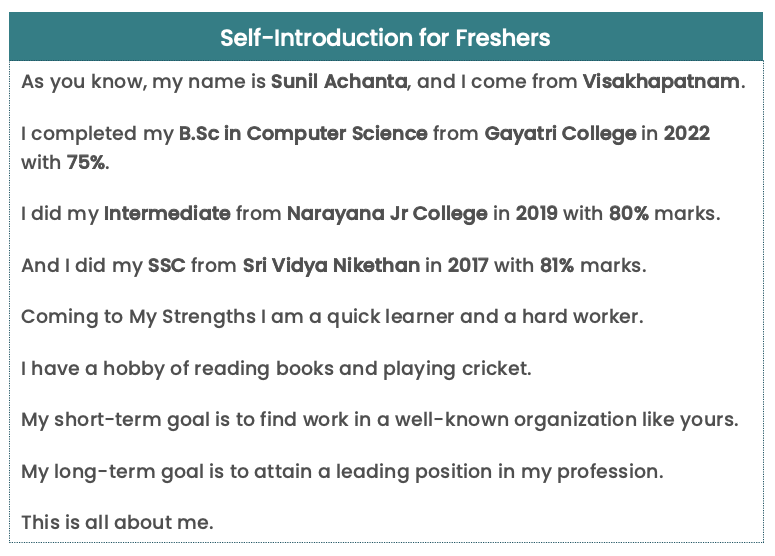 Self introduction sample for fresher job interview