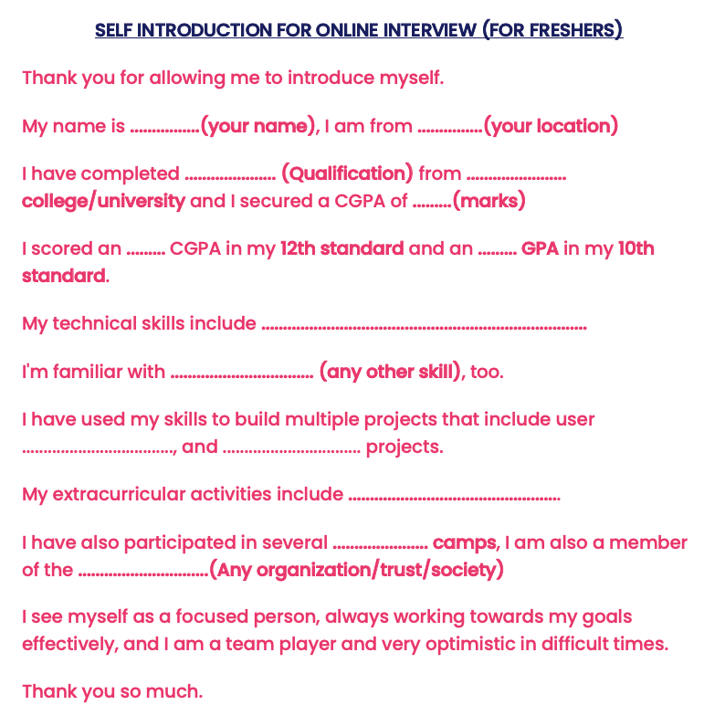 Self introduction for online interview for freshers