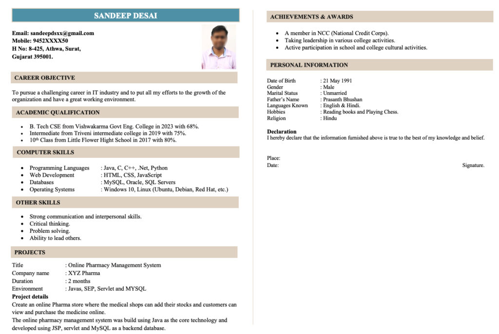 2 page resume format for freshers free download in MS Word