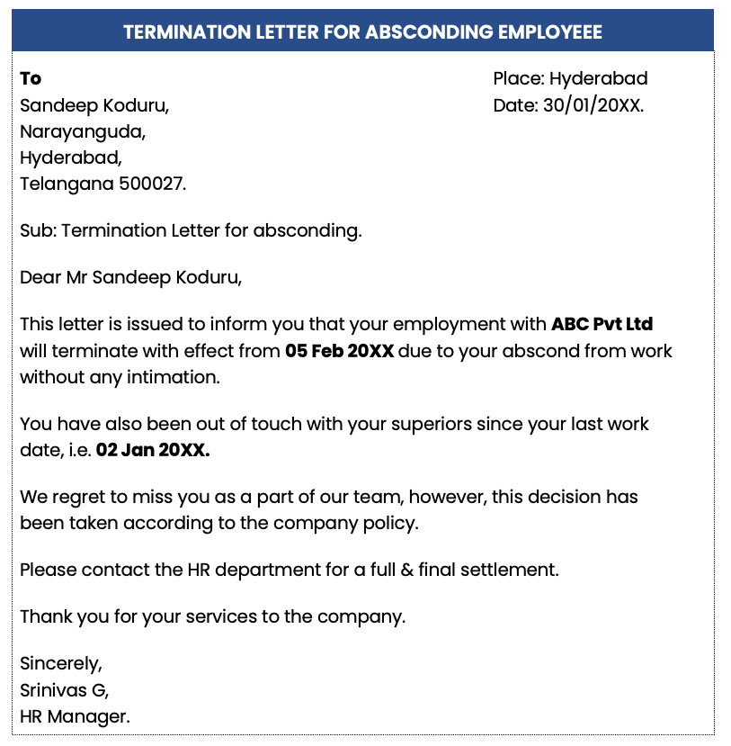 Termination letter for absconding from job