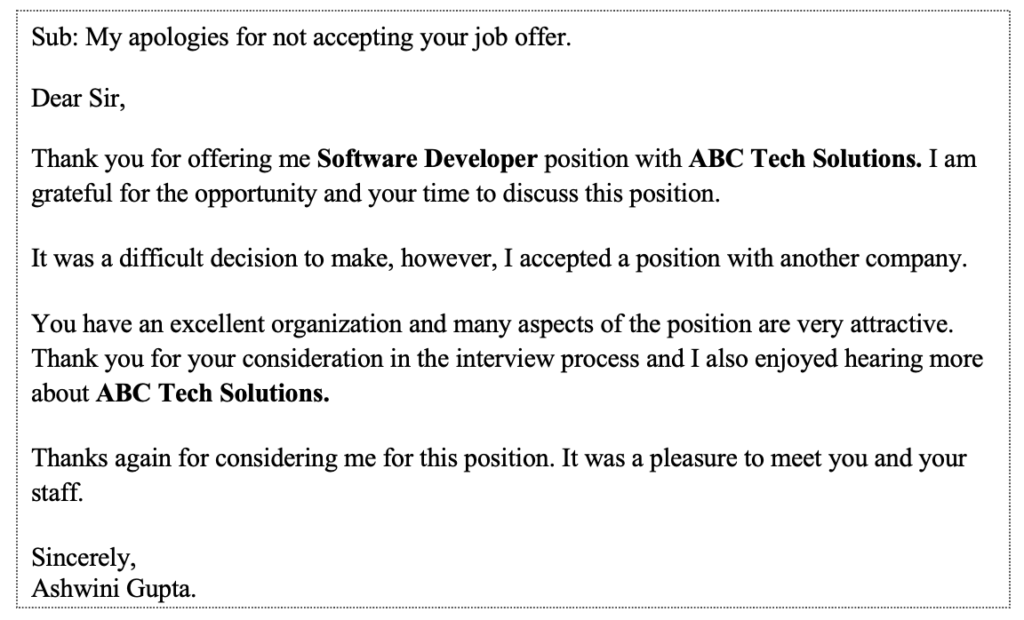 Job offer decline email due to other offer.