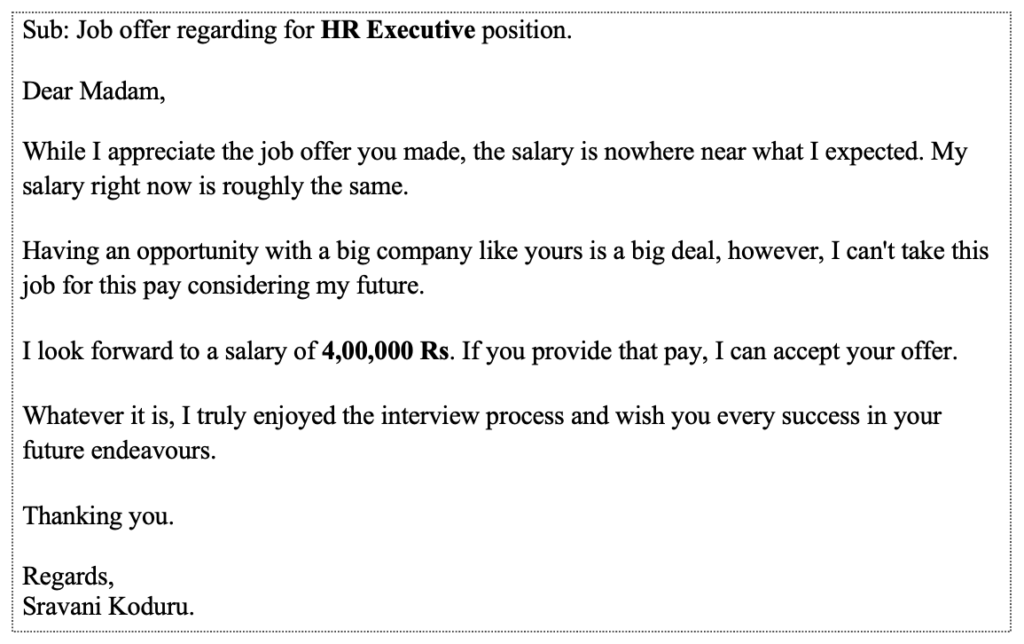 Job offer rejection letter due to salary