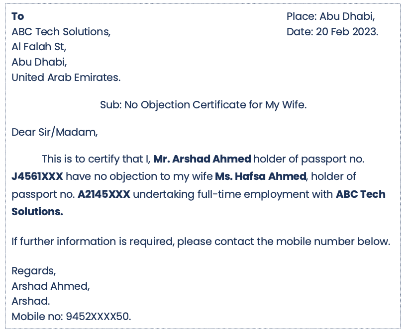 NOC letter for job from husband to wife in Word