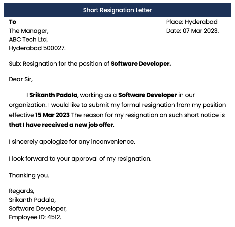 Short notice resignation letter