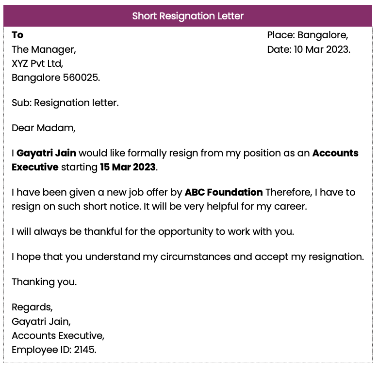 Short resignation letter 