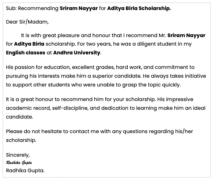 Student recommendation letter for scholarship