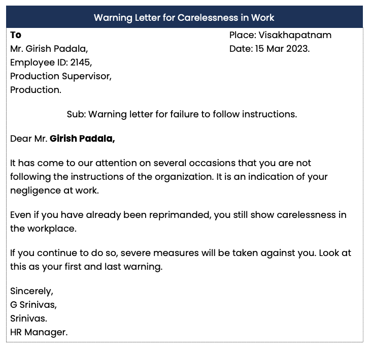 warning letter for carelessness in work