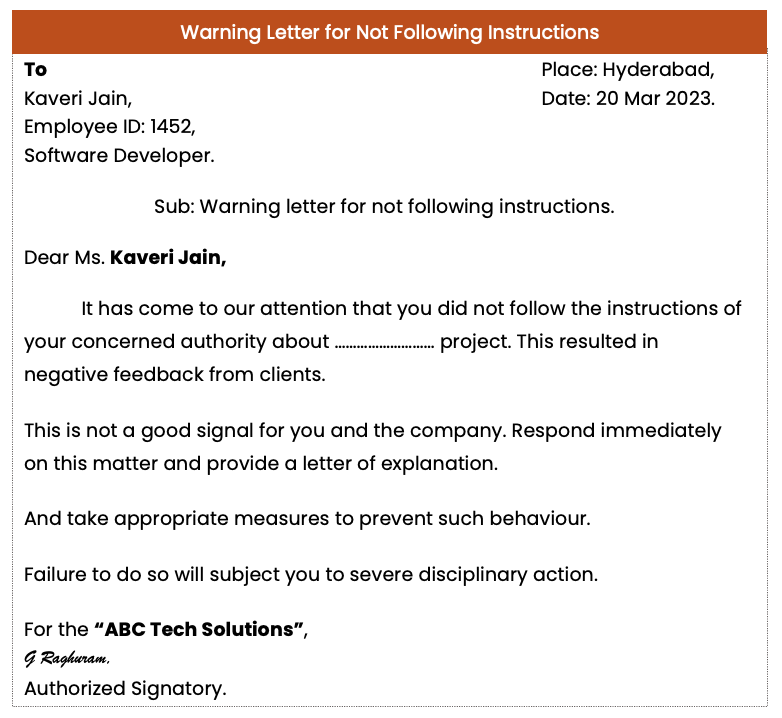 Warning letter for not following instructions in Word format