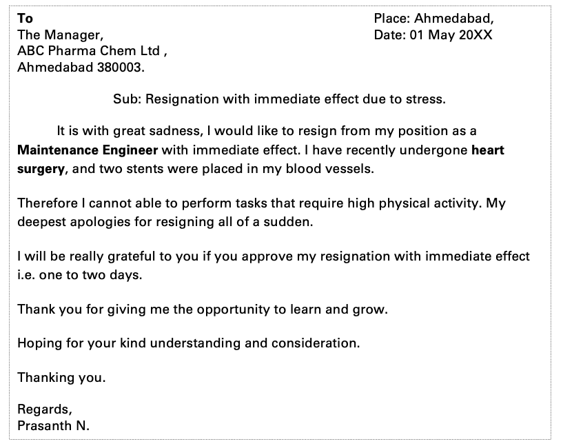Immediate resignation due to health issues