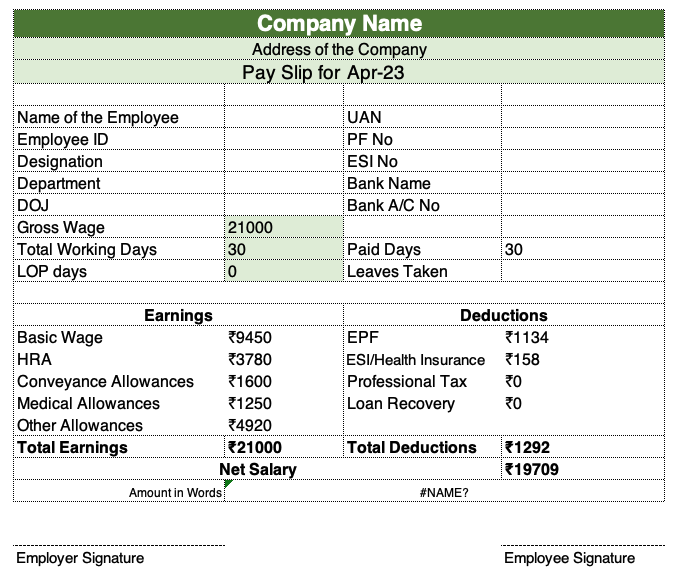 Payslip format in Excel with formulas