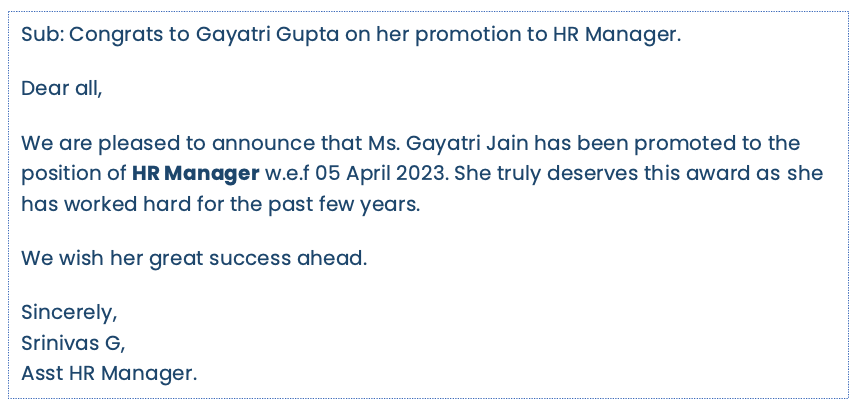 Promotion congratulations mail from HR