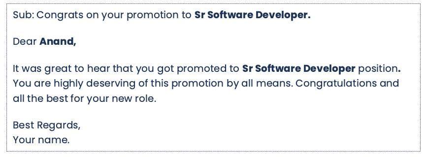 Promotions congratulations email