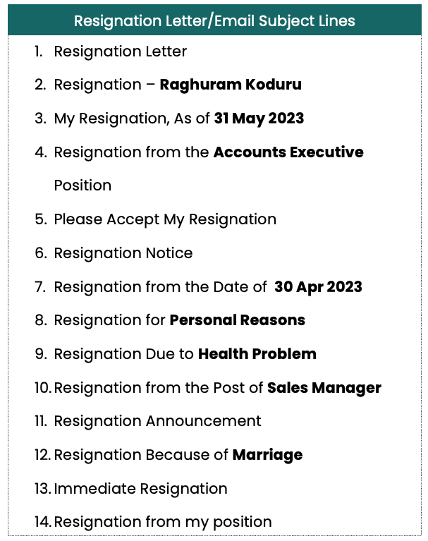 Subject Lines for Resignation Letter to Manager