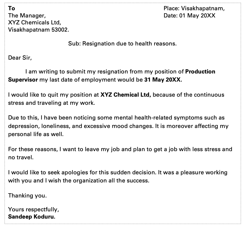 Resignation letter due to mental health reasons