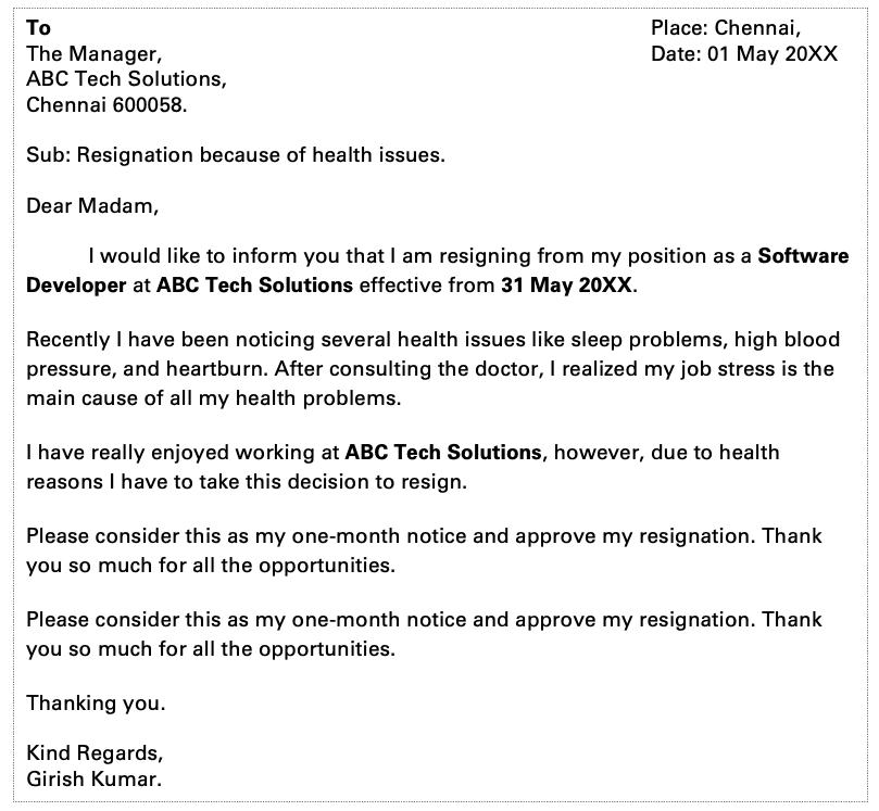 Resignation letter for health issues and stress