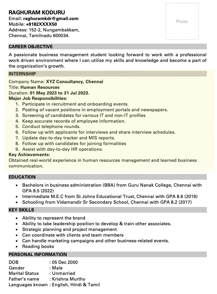 How to mention internship experience in resume example.
