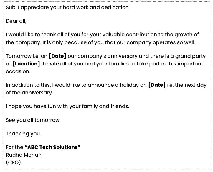 Holiday announcement email from CEO