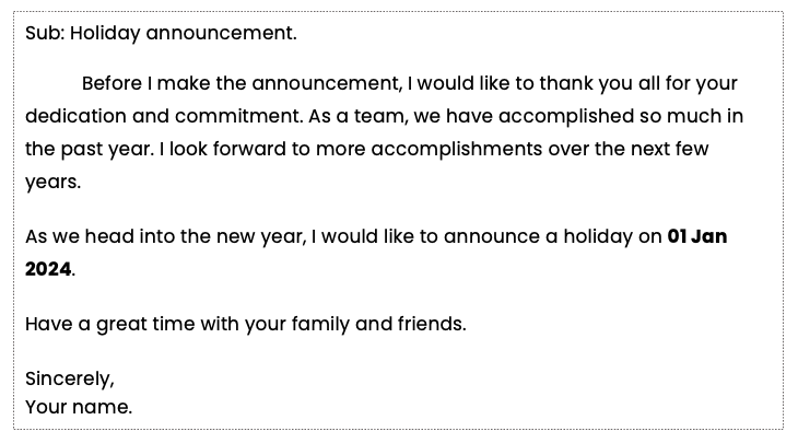 Holiday declaration email to employees