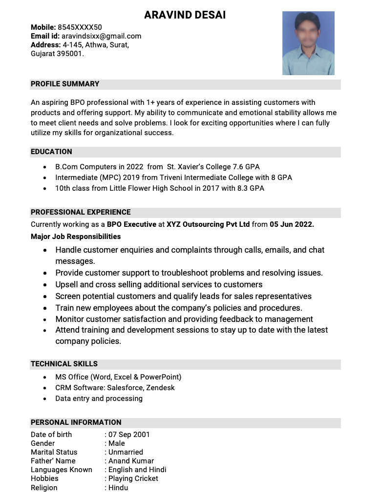 1 year experience resume format for BPO