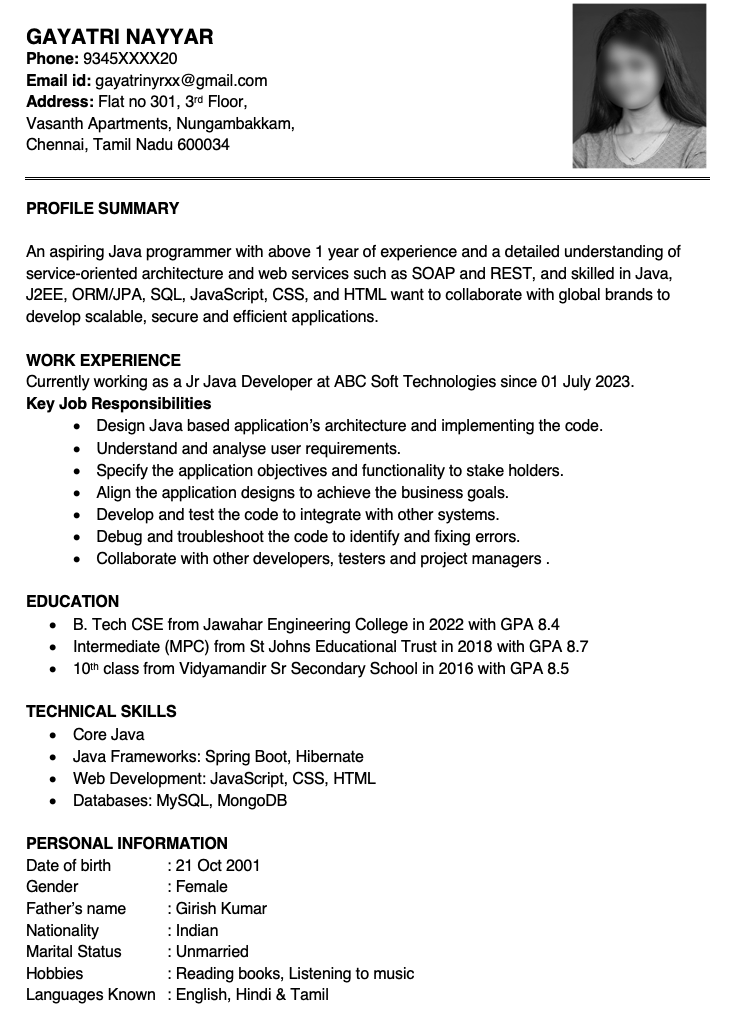 1 year experience resume format for Java Developer