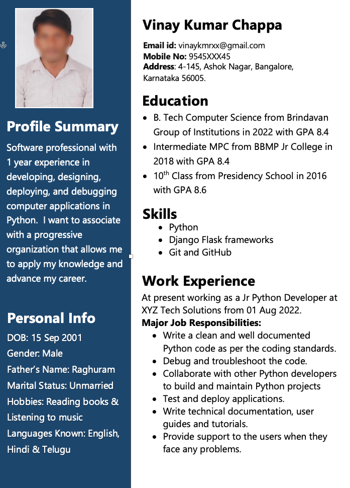 1 year experience resume format for Python Developer