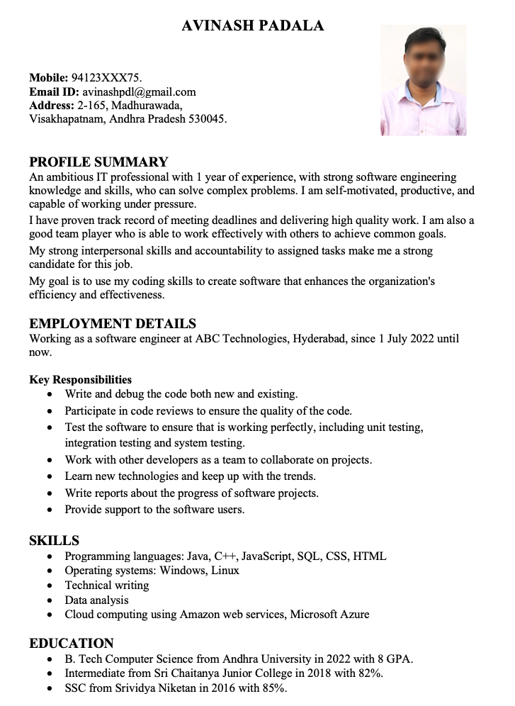 1 year experience resume format for Software Engineer