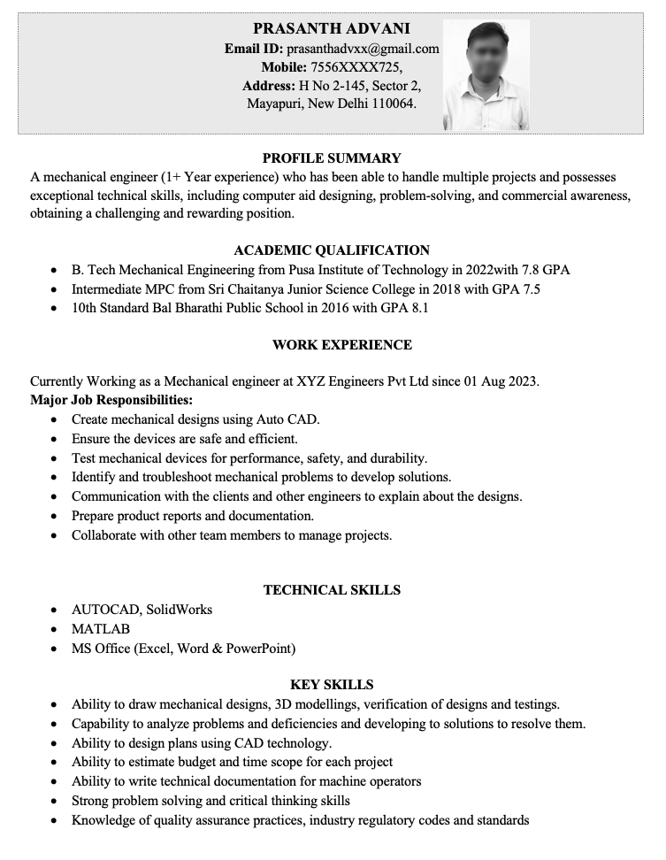 One year experience resume for mechanical engineer