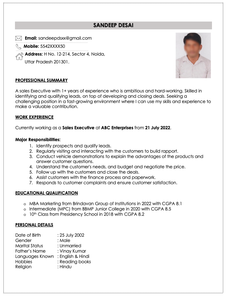 Resume format of sales executive