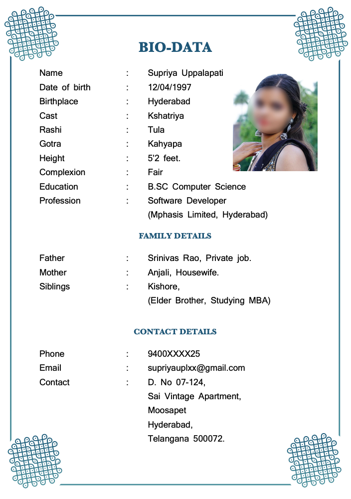 Marriage biodata for Hindu girl in Word free download