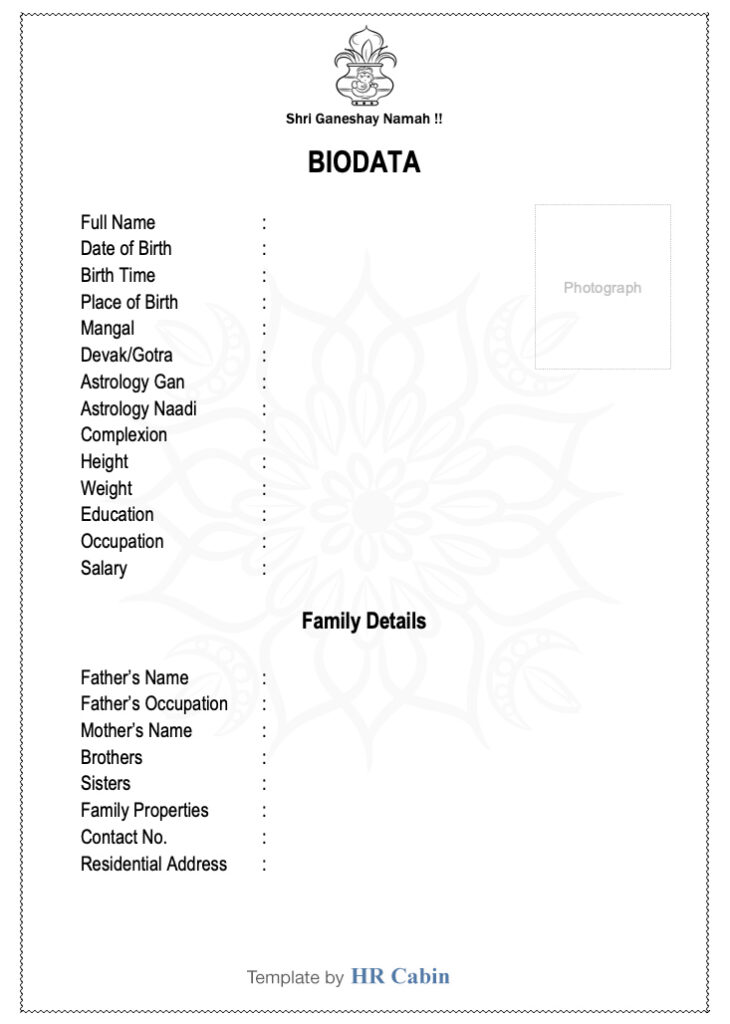 Hindu marriage biodata format word & PDF download