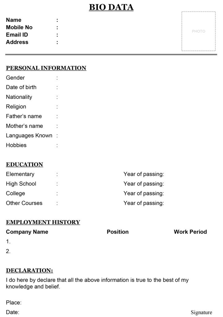 New job biodata format in Word & PDF