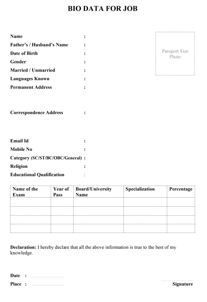 Job biodata Word & PDF Forms