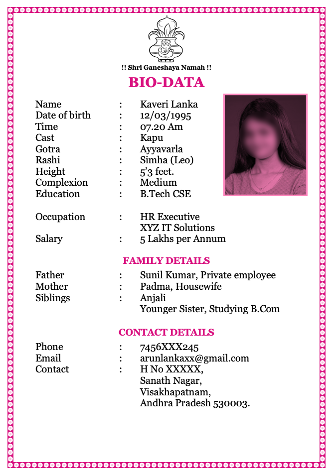 Marriage biodata for girl in Word format