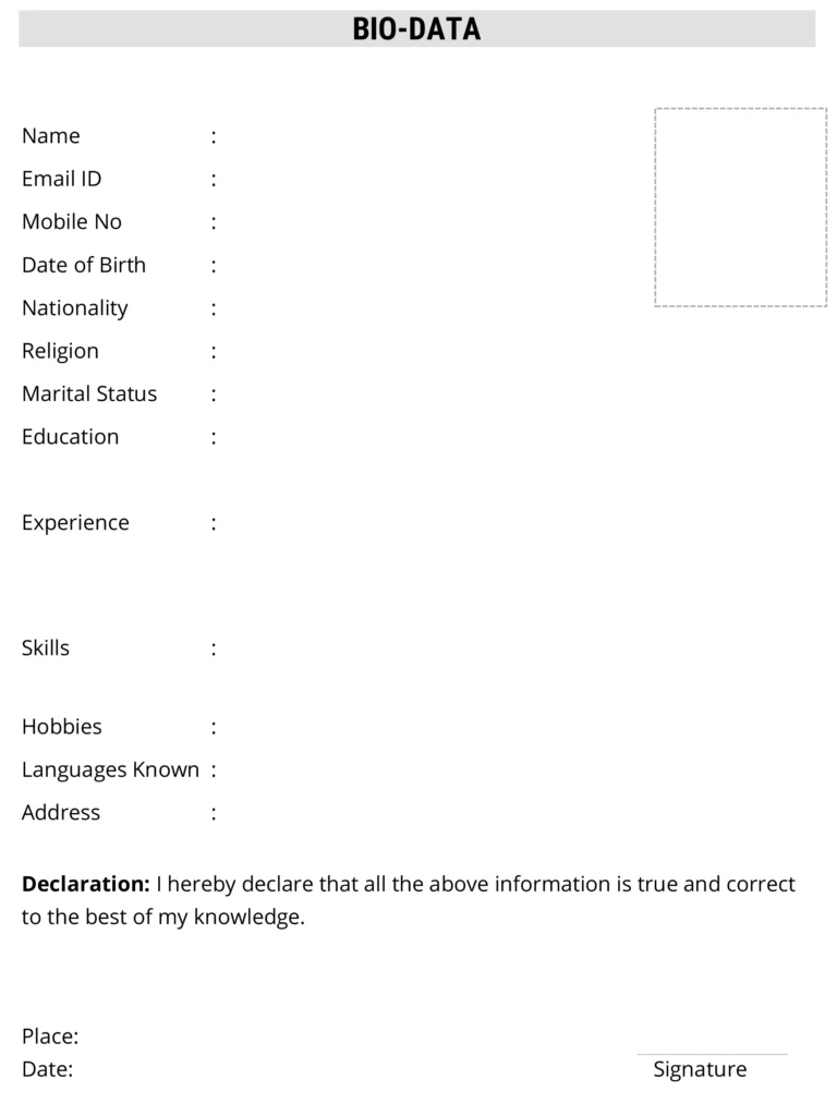 Job biodata form word and PDF