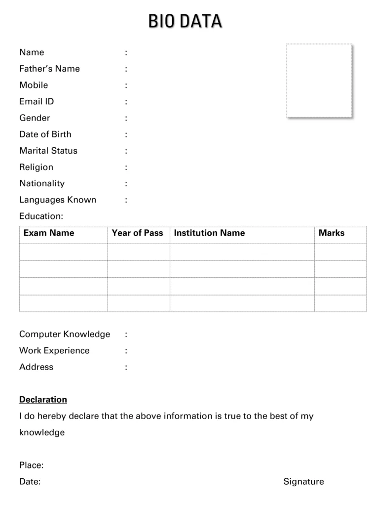 Job biodata format Word PDF