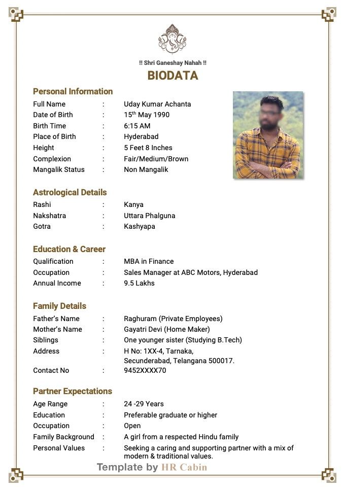 Marriage biodata format for Hindu boy in Word & PDF free download