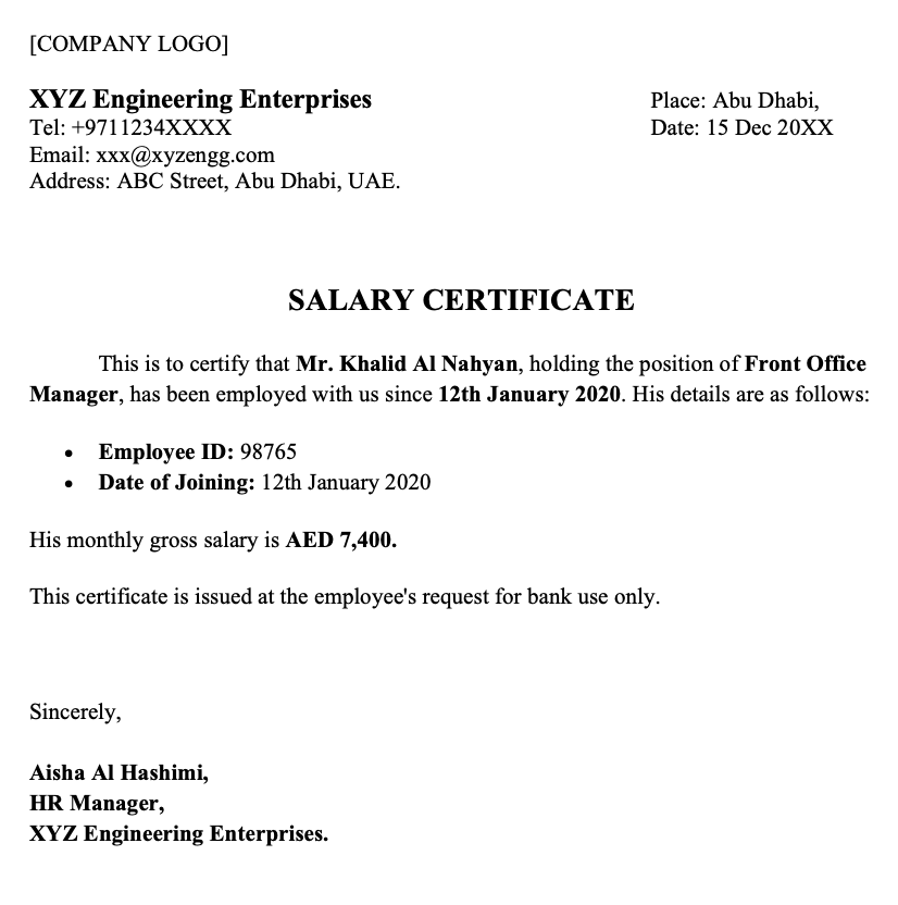 Simple UAE Salary certificate format Word (Free download)