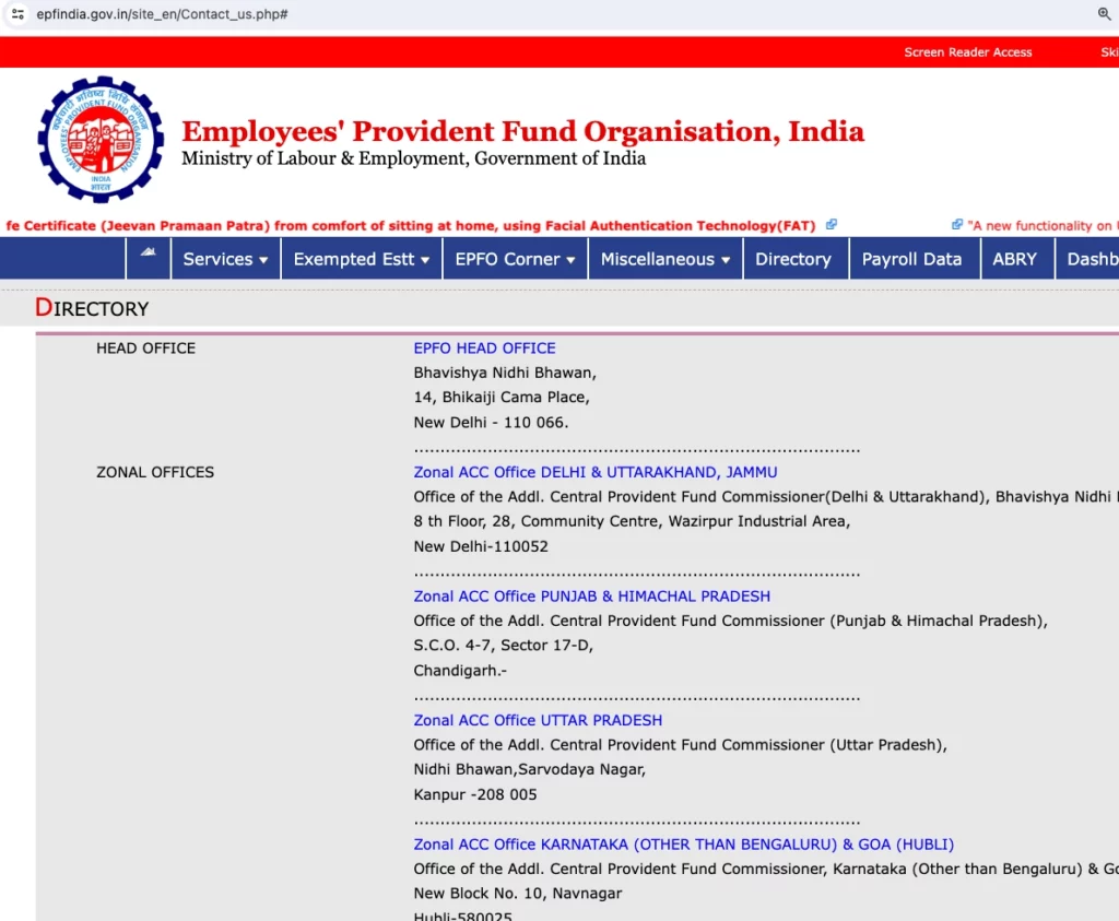 EPF zonal offices details for PF cacnellation