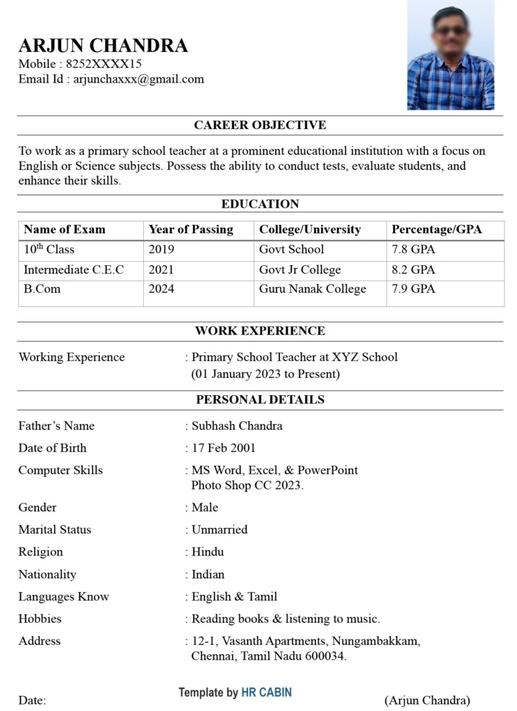 Job biodata for teacher in word and PDF free download