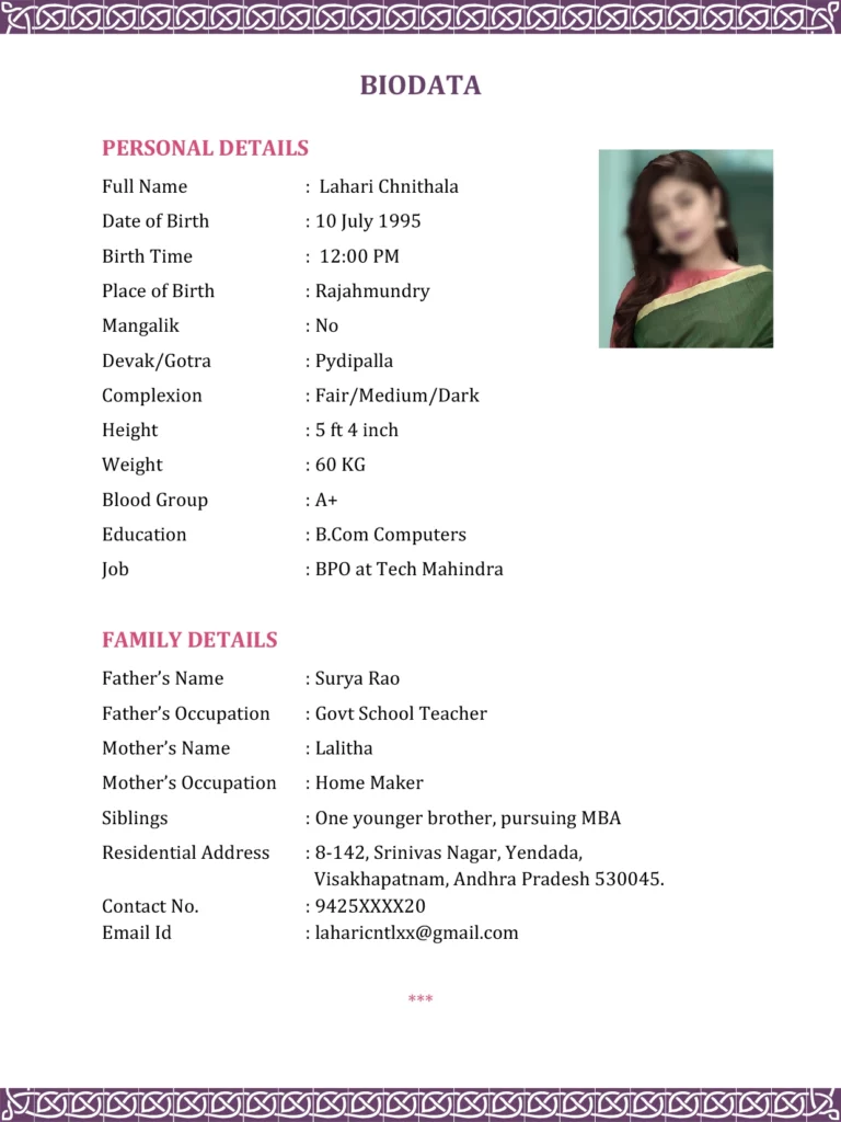 Hindu marriage biodata for in Word format