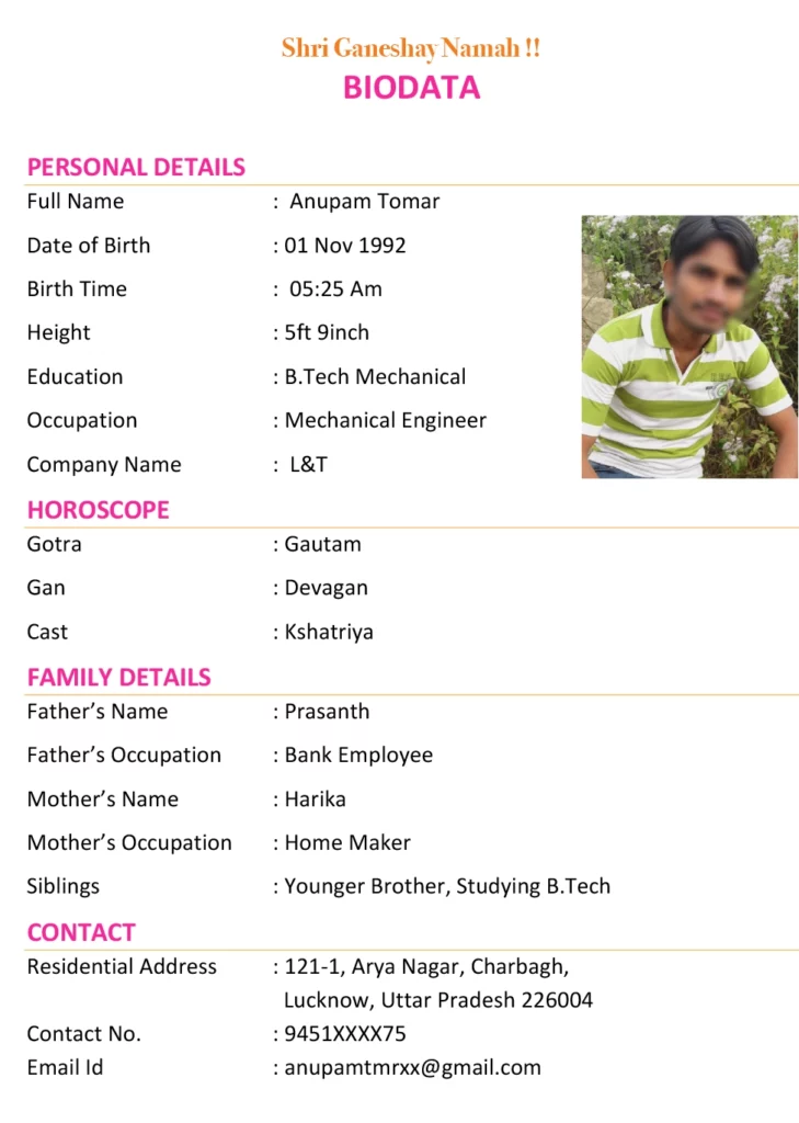 Marriage biodata format for boy in MS Word