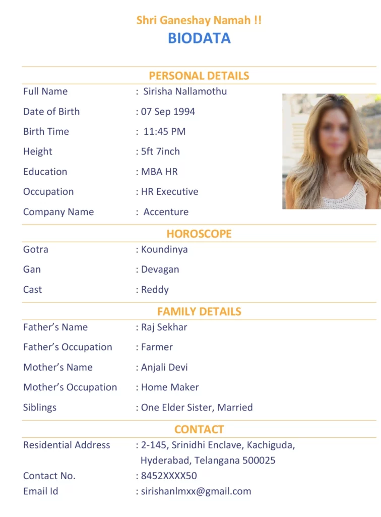 Marriage biodata for Indian girl in Word