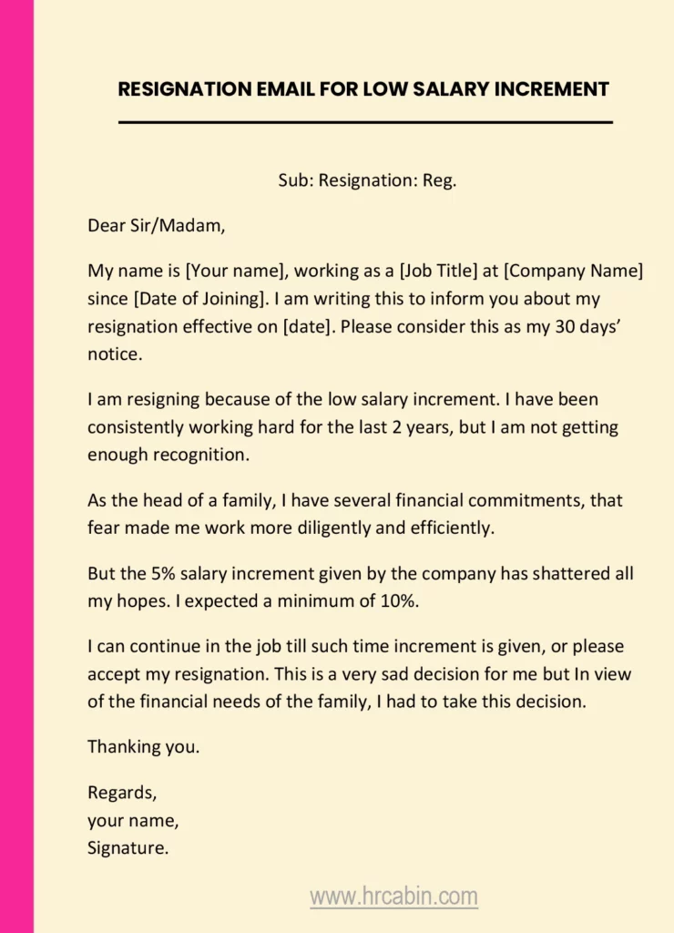 Resignation email due to low salary increment