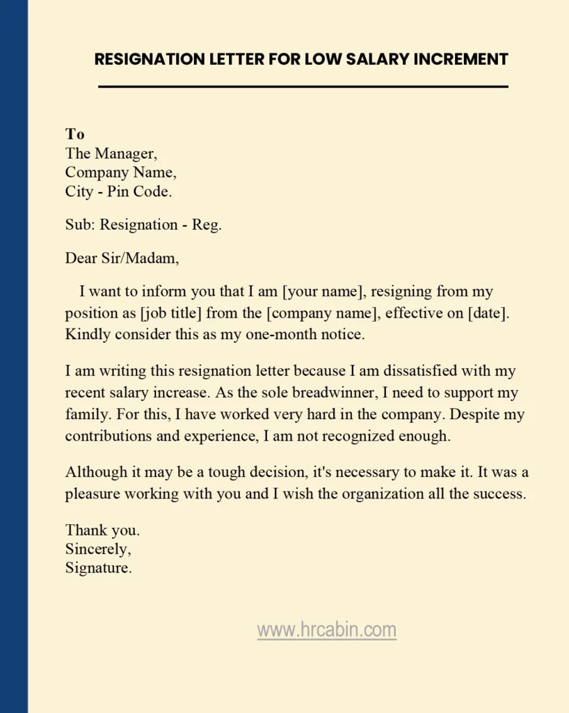 Resignation letter due to low salary increment sample