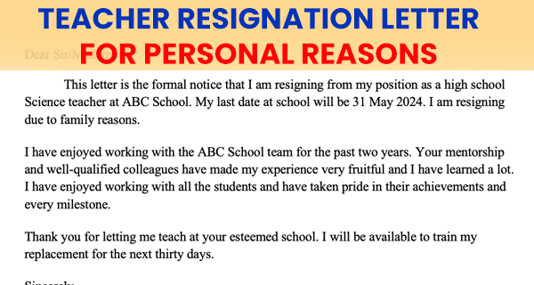 Teacher resignation letter to principal for personal reasons