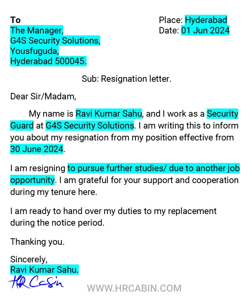GS4 Security Guard Resignation Letter