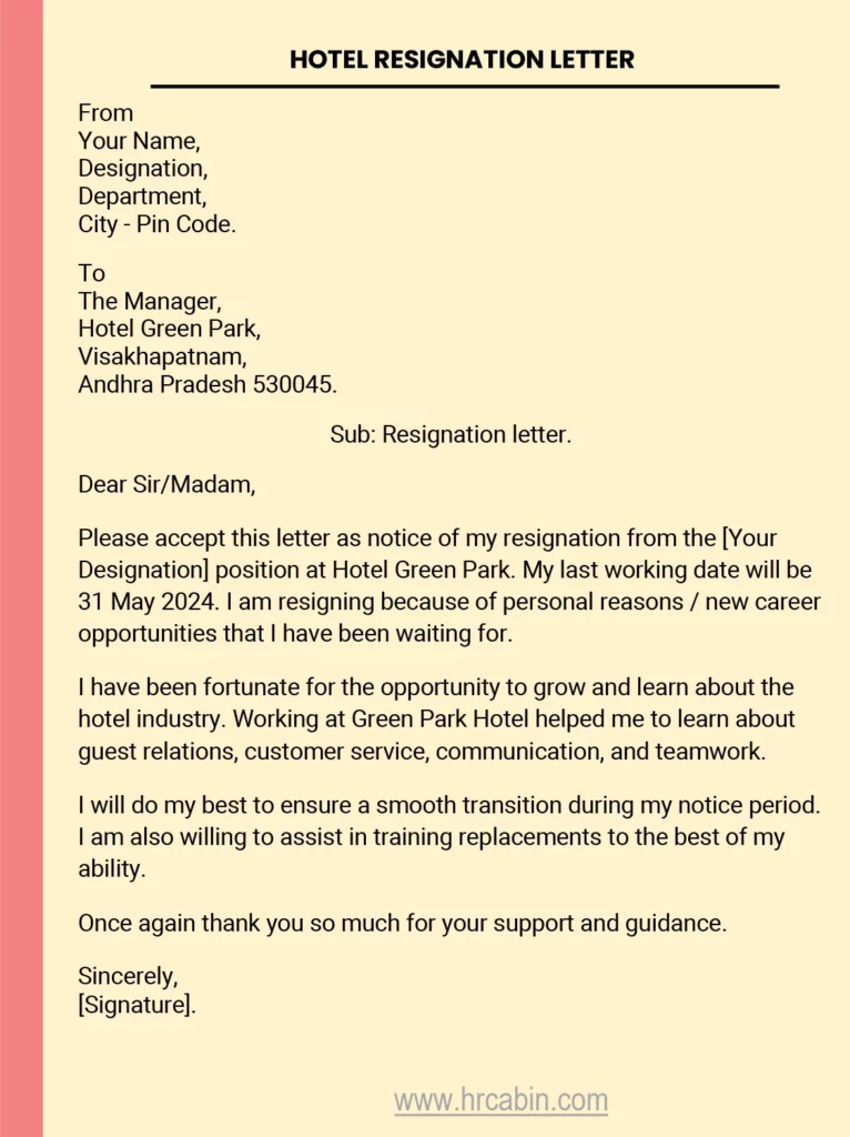 Hotel resignation letter in Word format (free download)