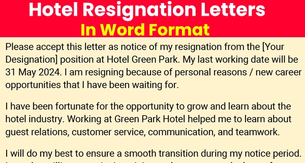 Hotel industry resignation letters in Word format