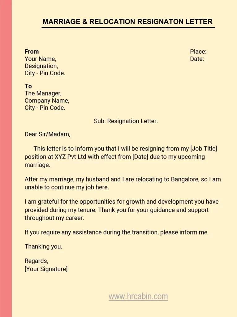 Marriage and relocation resignation letter (Download Word)
