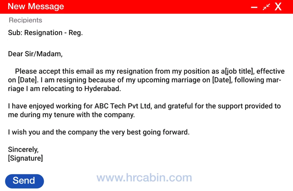 Resignation email due to marriage and relocation